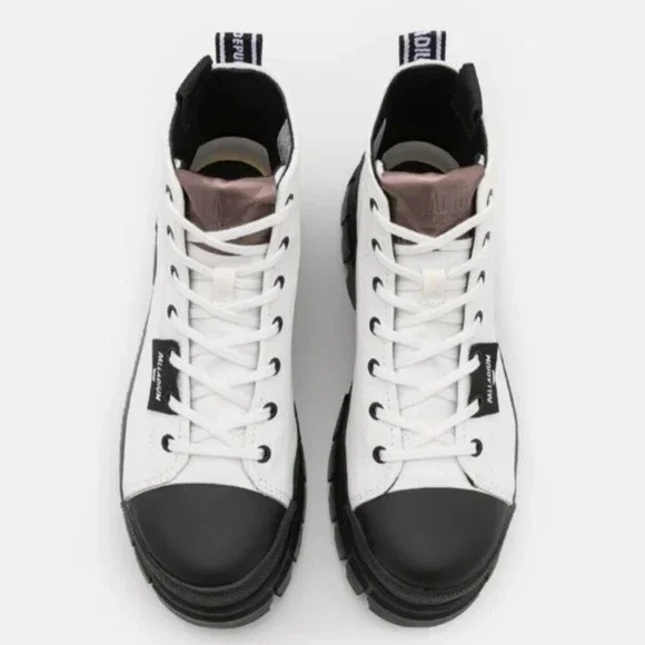 NEW Palladium Black White Canvas Chunky Lug Sole Y2K High Top Vegan Combat Boots - Picture 9 of 13